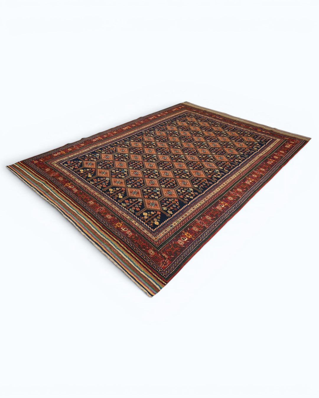 Navy &amp; Red Garden Lattice Rug, Hand-Knotted Afghani Sherwan