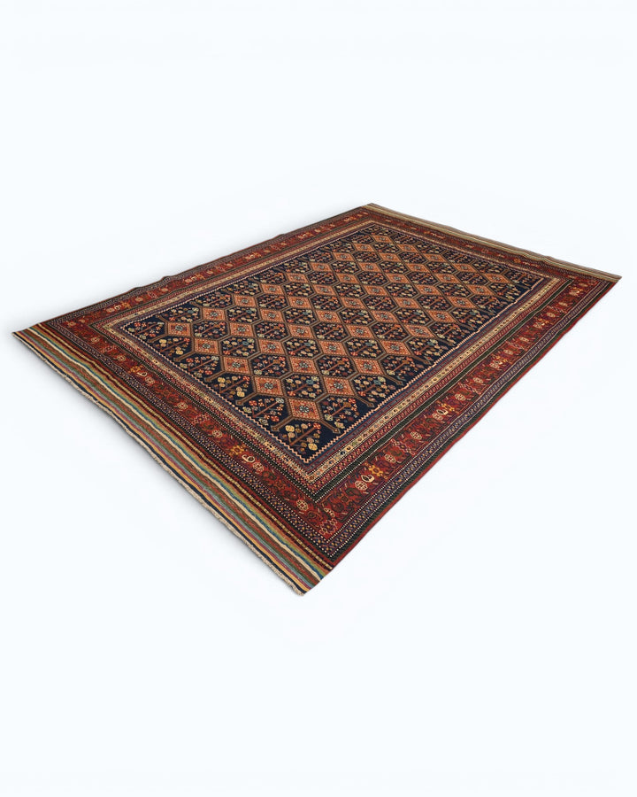 Navy &amp; Red Garden Lattice Rug, Hand-Knotted Afghani Sherwan