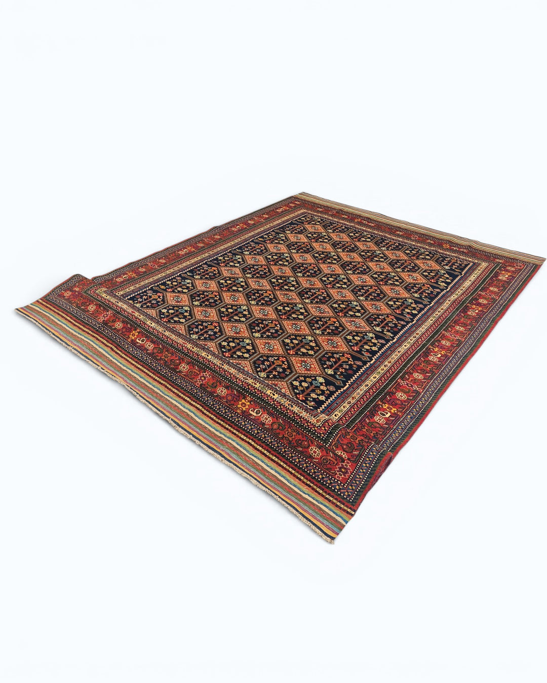 Navy &amp; Red Garden Lattice Rug, Hand-Knotted Afghani Sherwan