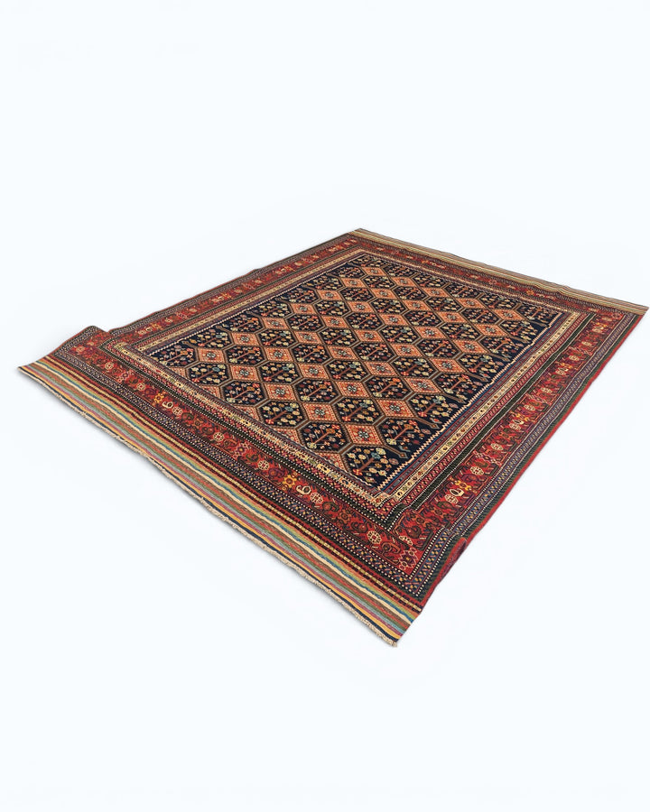 Navy &amp; Red Garden Lattice Rug, Hand-Knotted Afghani Sherwan