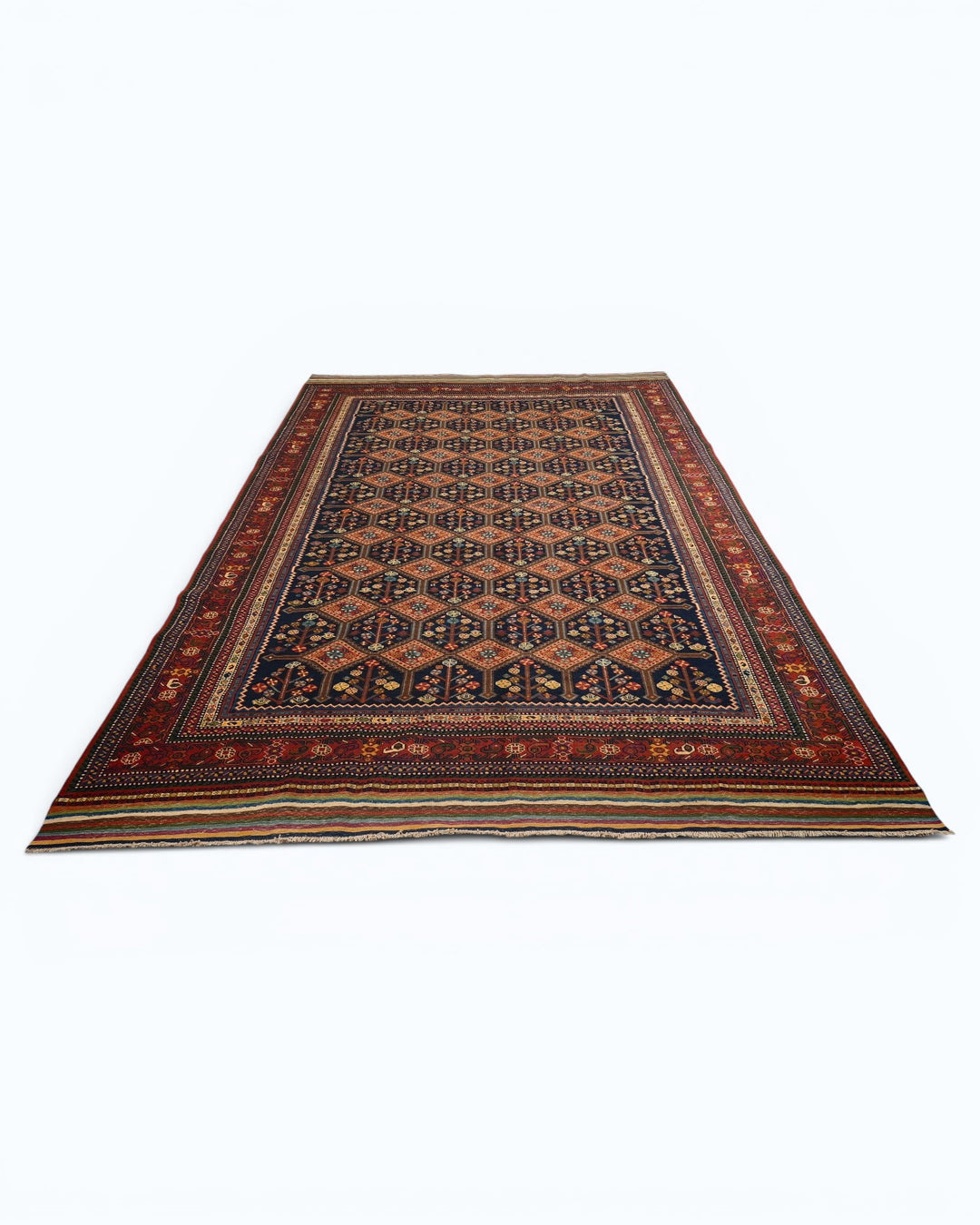 Navy &amp; Red Garden Lattice Rug, Hand-Knotted Afghani Sherwan