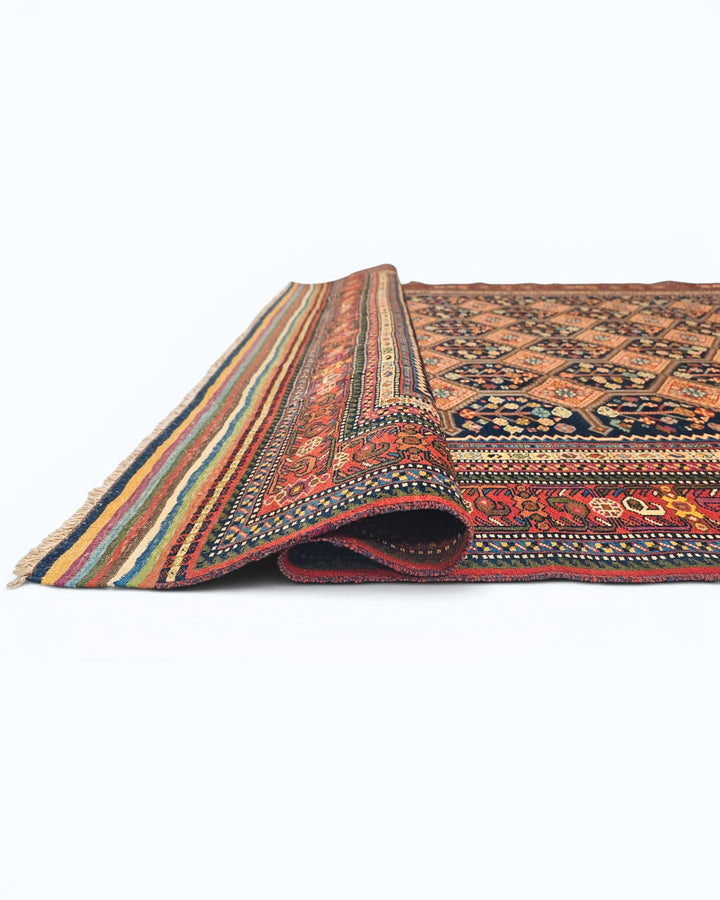 Navy &amp; Red Garden Lattice Rug, Hand-Knotted Afghani Sherwan