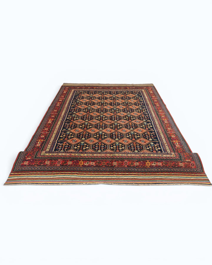 Navy &amp; Red Garden Lattice Rug, Hand-Knotted Afghani Sherwan