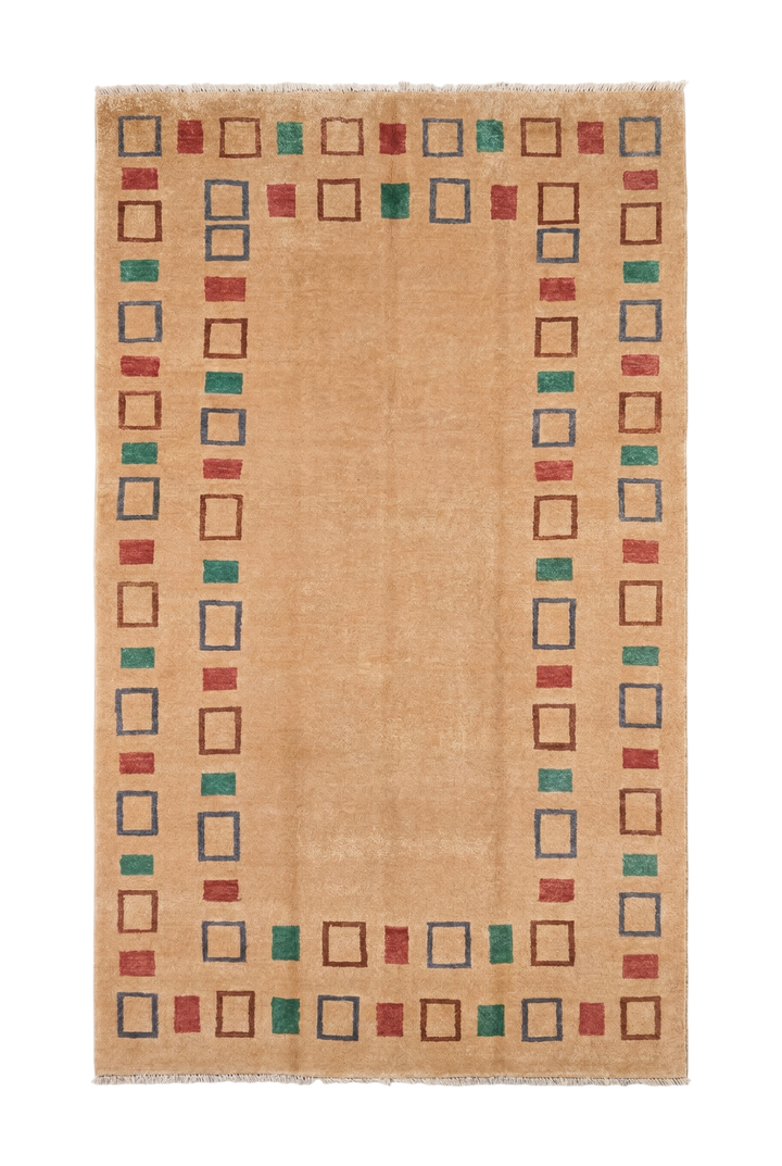 Camel Geometric Border Gabbeh, Hand-Knotted Afghan Wool Rug