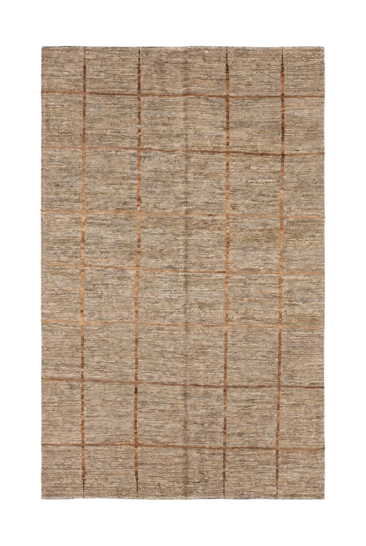 Greige &amp; Rust Grid Gabbeh, Hand-Knotted Afghan Wool Rug