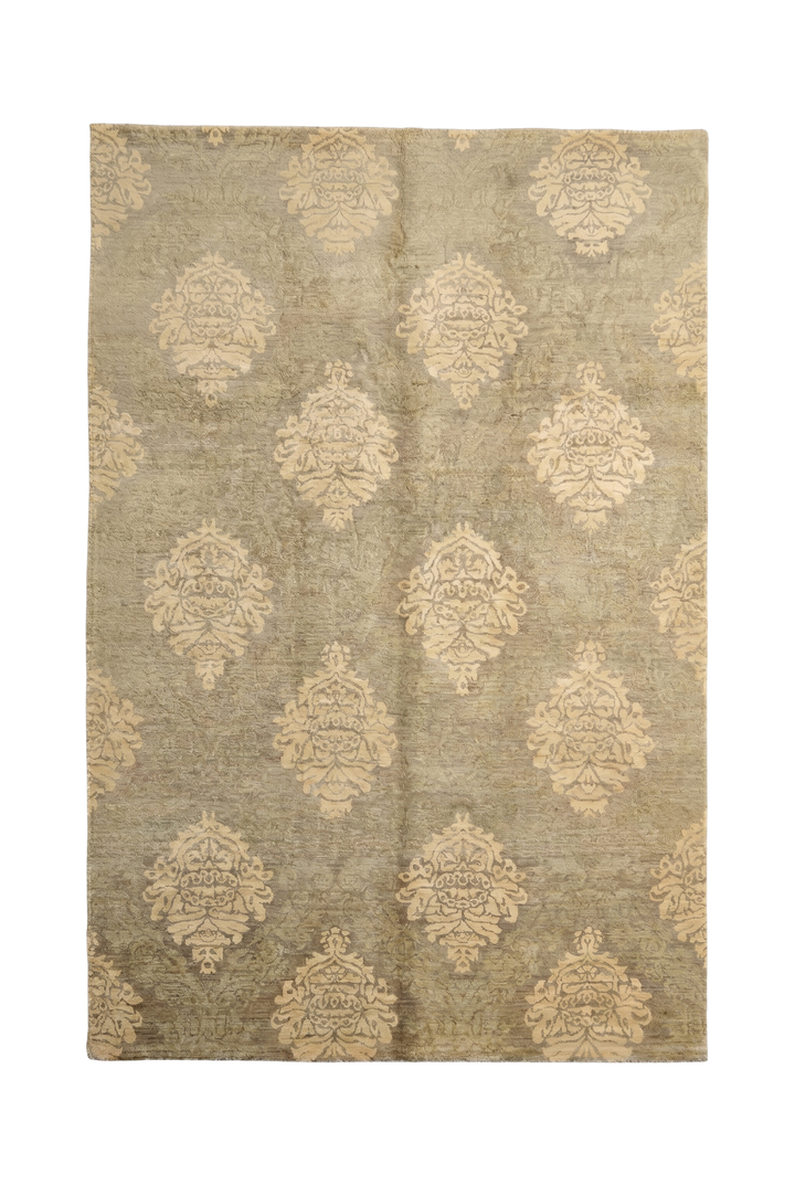 Sage &amp; Cream Damask Ghazni, Hand-Knotted Afghan Wool Rug