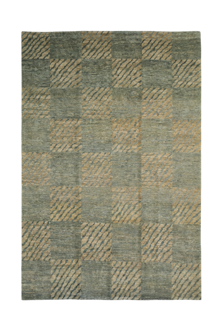 Sage Green Checkerboard Ghazni, Hand-Knotted Afghan Wool Rug