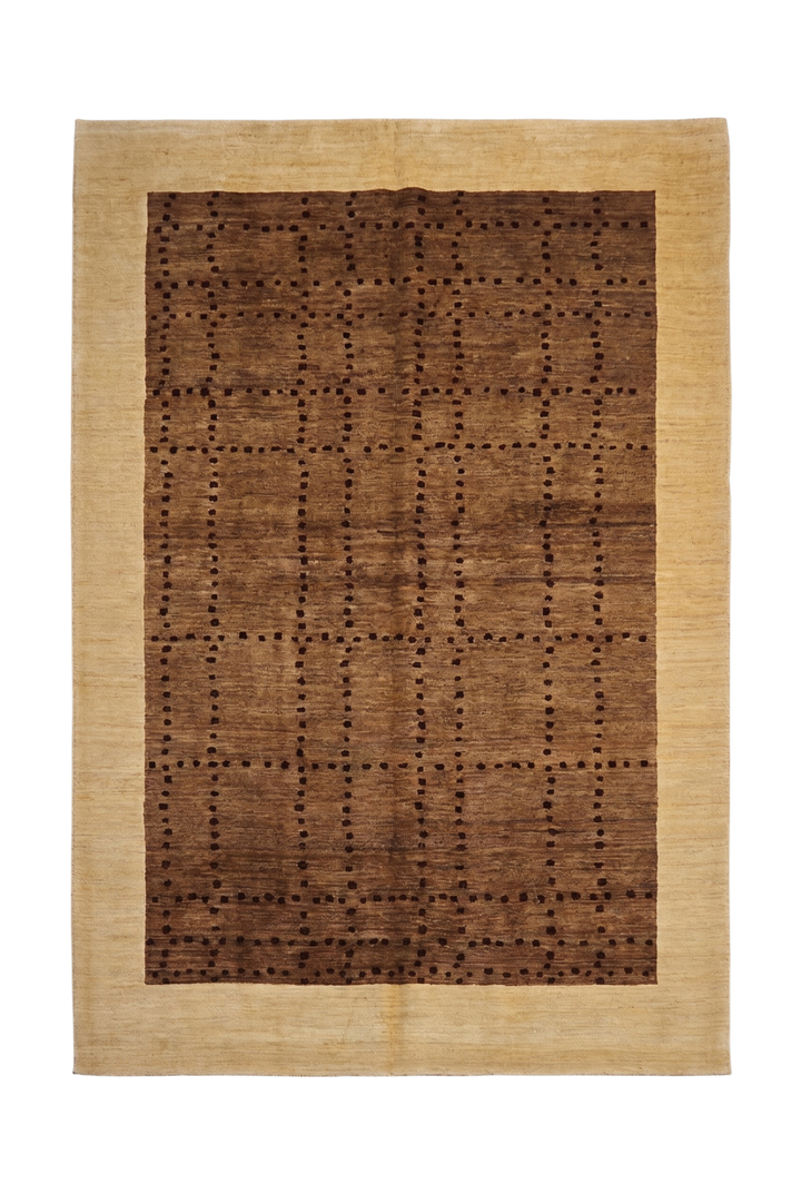 Brown &amp; Cream Dot-Grid Ghazni, Hand-Knotted Afghan Wool Rug