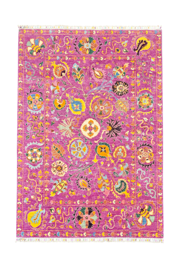 Magenta Floral Ghazni, Hand-Knotted Afghan Wool Rug