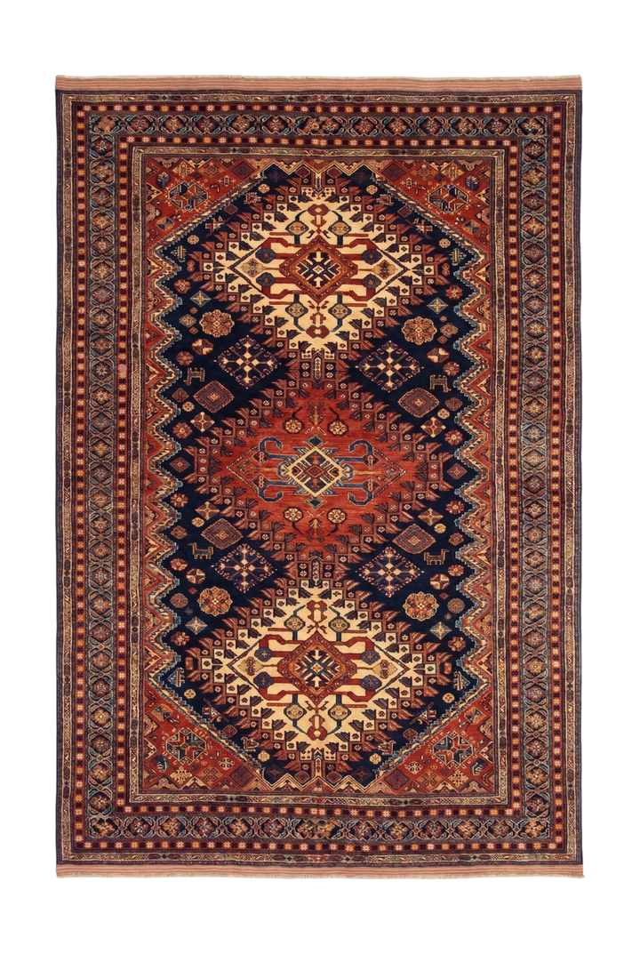 Navy &amp; Red Yalameh Tribal Rug, Hand-Knotted Afghani Sherwan