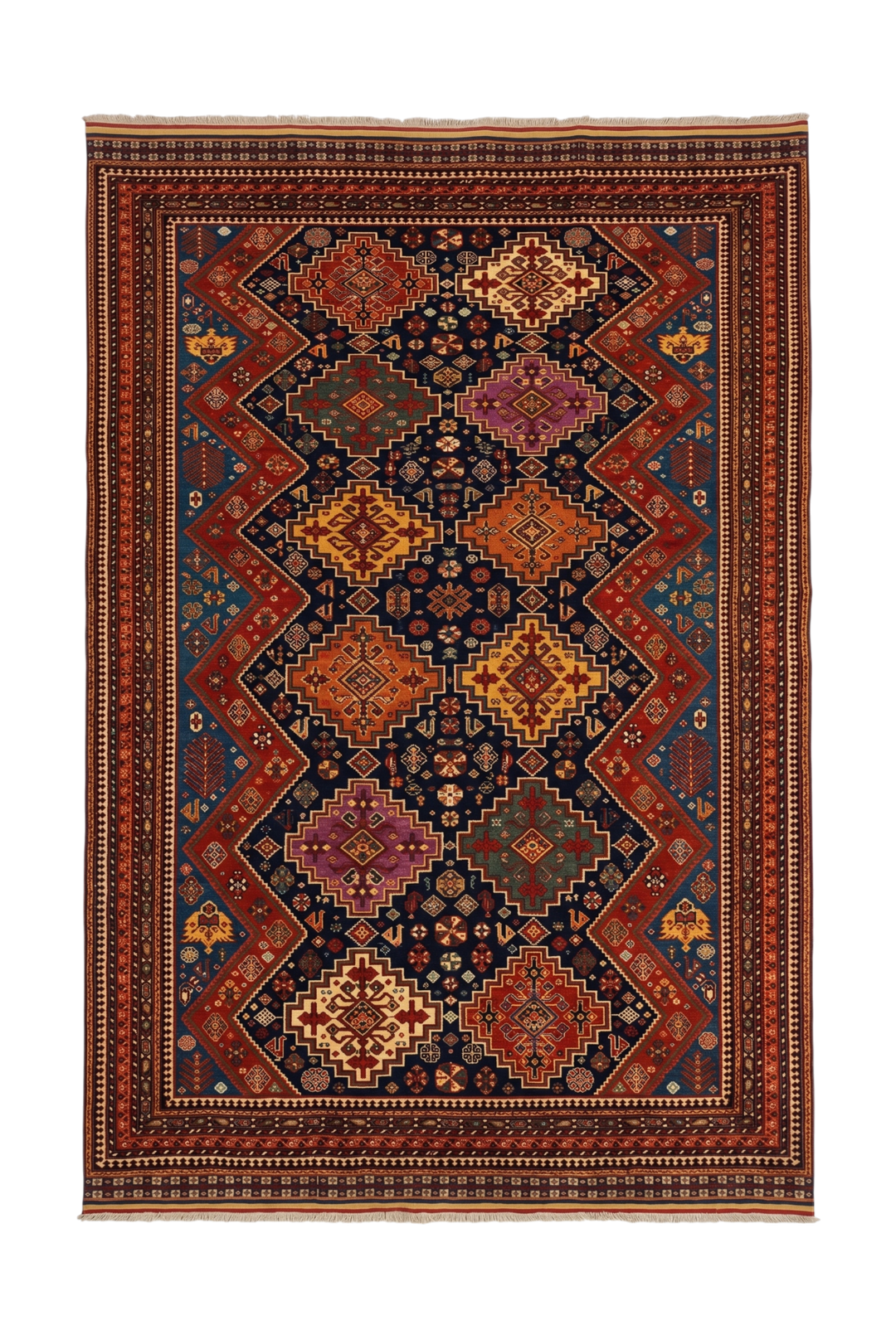Decorative rug with intricate patterns on a white background